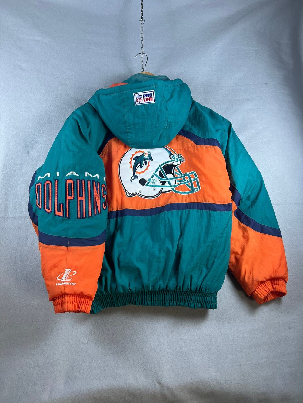 Vintage 90s Miami Dolphins Puffer Jacket Men M NFL ProLine Football Green Orange